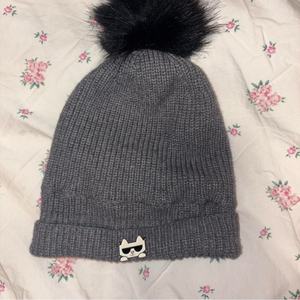 Karl Lagerfeld Gray Knit Hat with Black Pom Pom